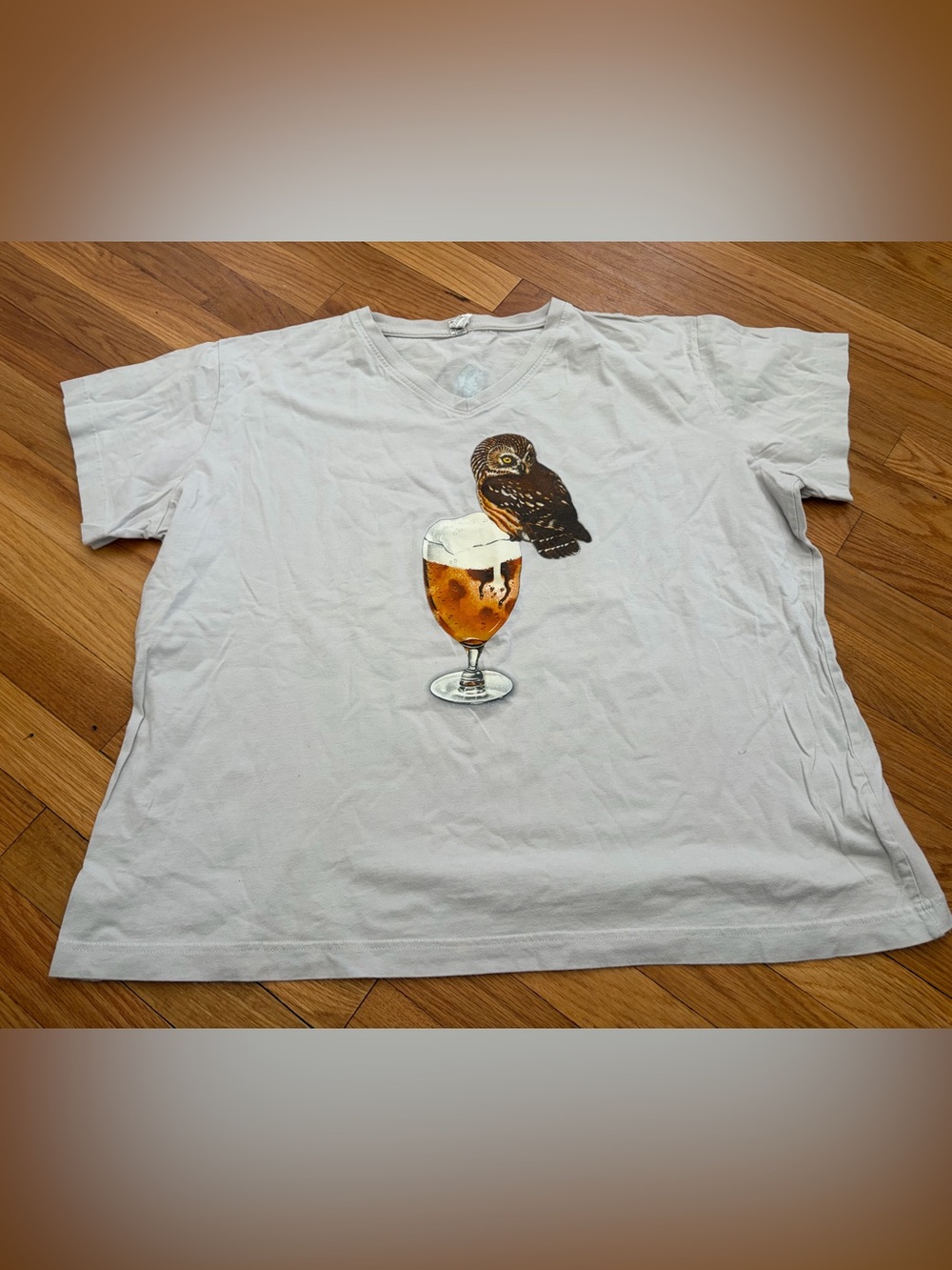 Women’s White V-Neck Graphic Tee with Owl & Beer Glass